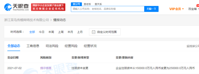 浙江菜鳥傳橙網(wǎng)絡(luò)技術(shù)注冊(cè)資本增至25億元，加速布局計(jì)算機(jī)軟硬件及外圍設(shè)備制造